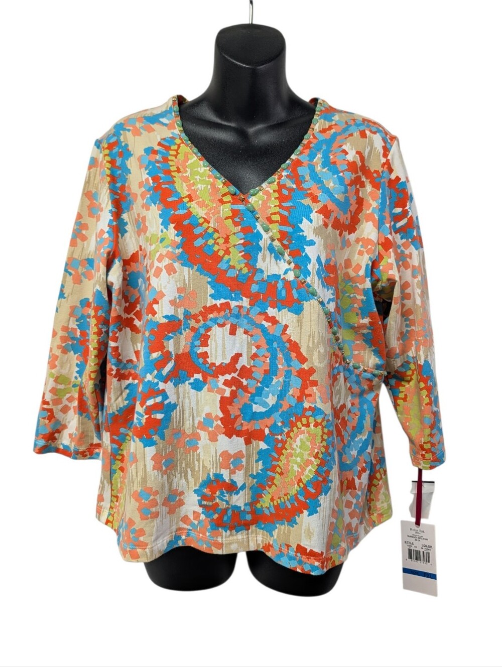 Ruby Rd. Womens Petite PXL Multicolor Abstract Knit V-Neck 3/4 Sleeve Top NWT
